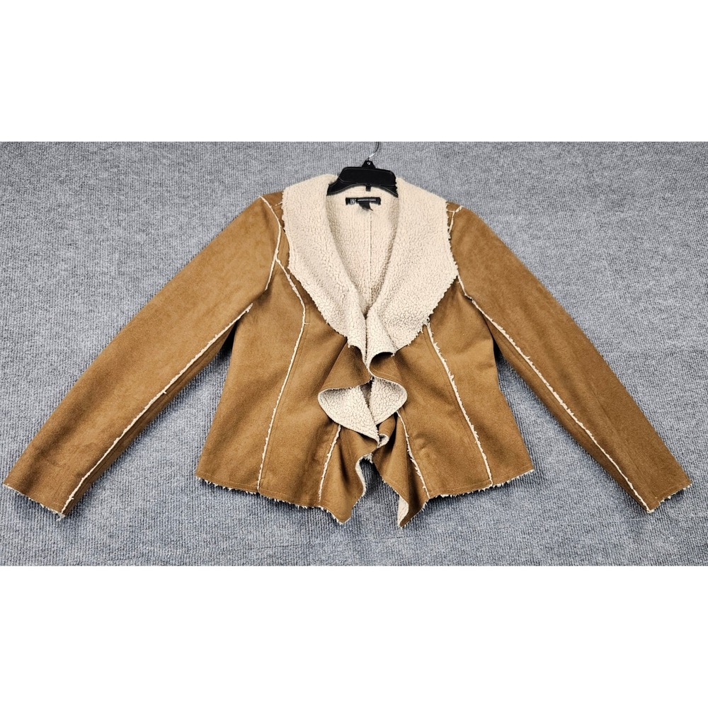 INC International Concepts Faux Suede Shearling Draped Jacket Tan Brown Medium